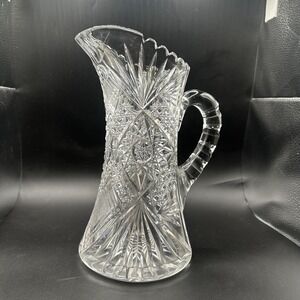 Antique American Brilliant Period Hand Cut Lead Crystal Pitcher Heavy 9.75" Tall
